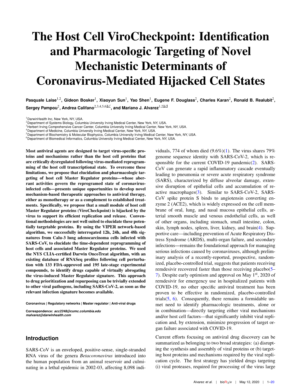 The Host Cell Virocheckpoint: Identiﬁcation and Pharmacologic Targeting of Novel Mechanistic Determinants of Coronavirus-Mediated Hijacked Cell States