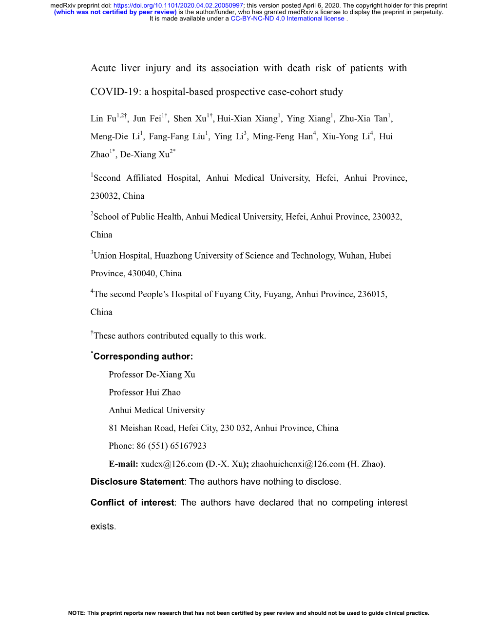 Acute Liver Injury and Its Association with Death Risk of Patients with COVID-19: a Hospital-Based Prospective Case-Cohort Study