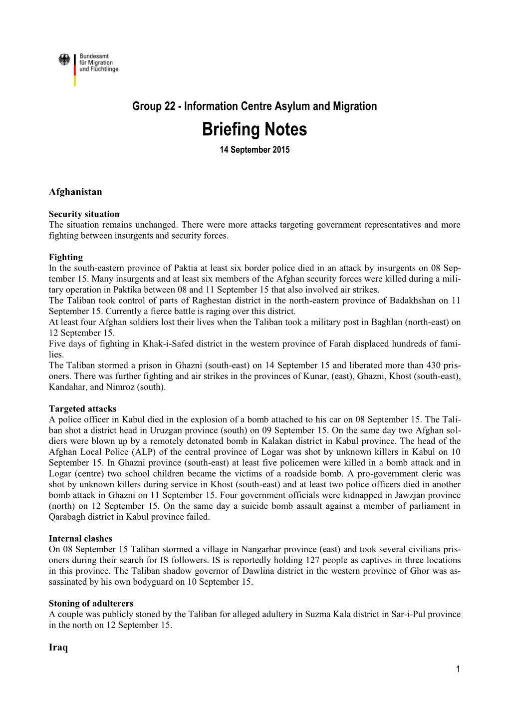 Briefing Notes 14 September 2015