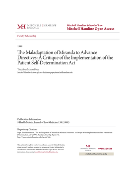 The Maladaptation of Miranda to Advance Directives: a Critique of the Implementation of the Patient Self-Determnation Act