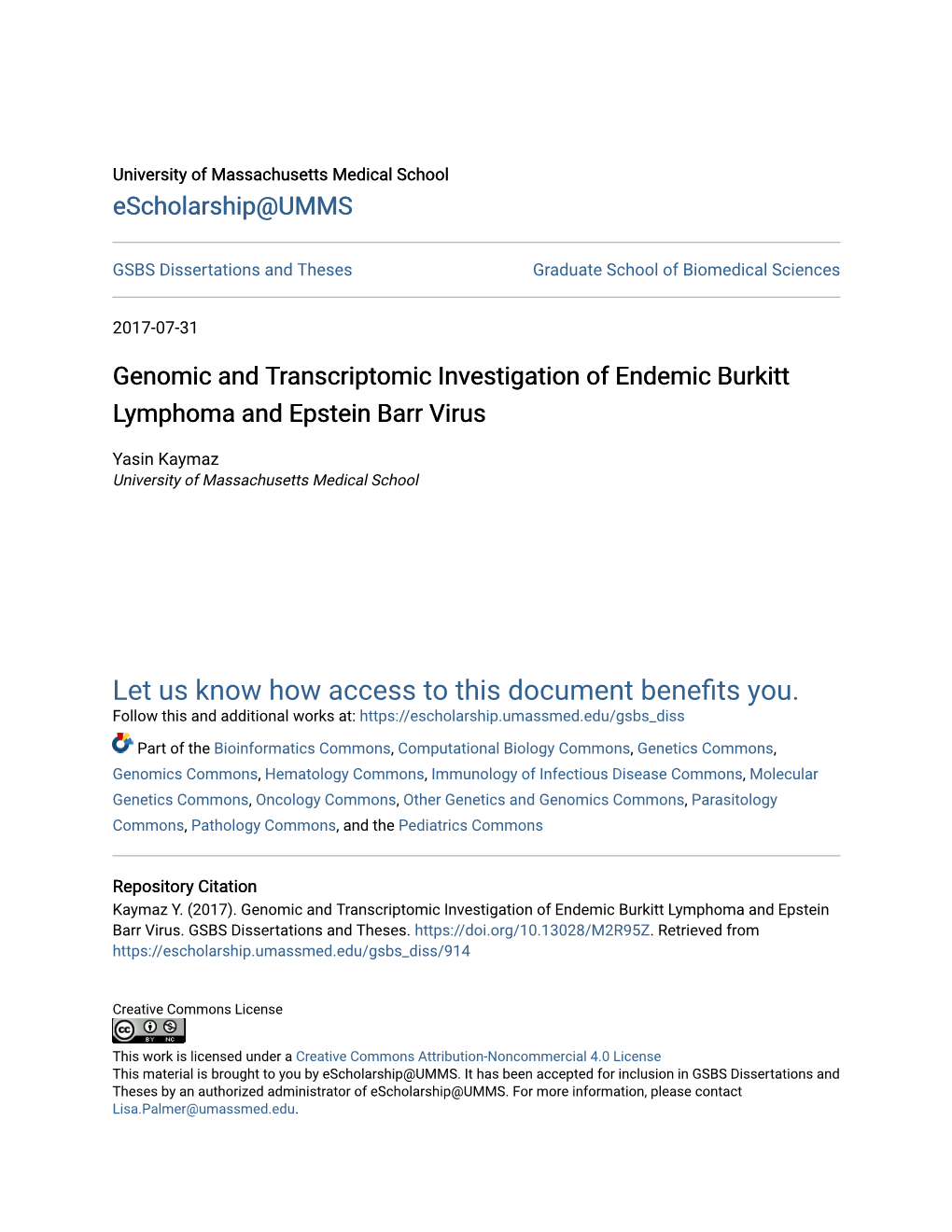 Genomic and Transcriptomic Investigation of Endemic Burkitt Lymphoma and Epstein Barr Virus