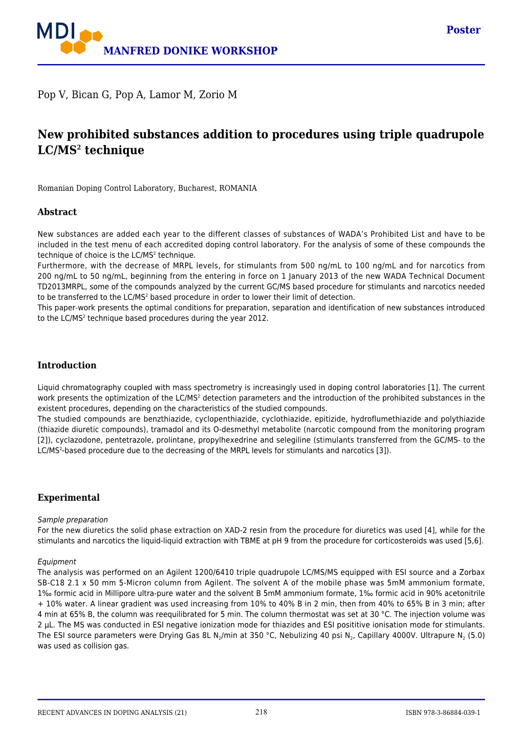 New Prohibited Substances Addition to Procedures Using Triple Quadrupole LC/MS2 Technique
