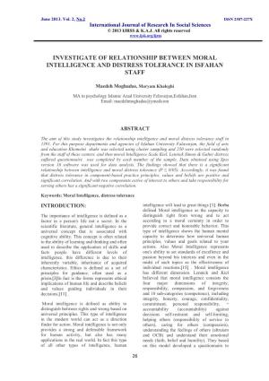 Investigate of Relationship Between Moral Intelligence and Distress Tolerance in Isfahan Staff