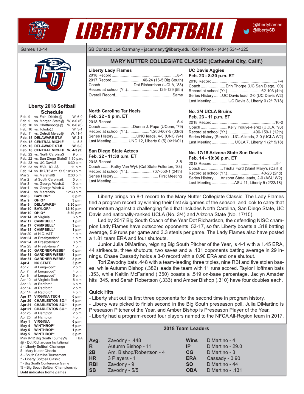 Liberty Softball Game Notes @Libertyflames @Libertysb LIBERTY SOFTBALL Games 10-14 SB Contact: Joe Carmany - Jacarmany@Liberty.Edu; Cell Phone - (434) 534-4325