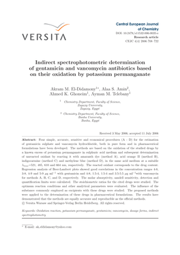 Indirect Spectrophotometric Determination of Gentamicin and Vancomycin Antibiotics Based on Their Oxidation by Potassium Permanganate