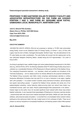 Proposed 75 Mw Gaetsewe Solar Pv Energy Facility and Associated Infrastructure on the Farm 460 Legoko Portion 1 and 2, and Farm