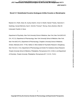 Novel C-1 Substituted Cocaine Analogues Unlike Cocaine Or Benztropine