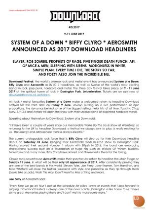 System of a Down * Biffy Clyro * Aerosmith Announced As 2017 Download Headliners