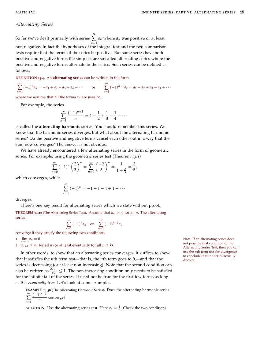 Math 131Infinite Series, Part VI: Alternating Series