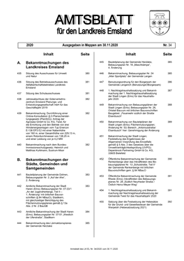 Inhalt Seite A. Bekanntmachungen Des Landkreises Emsland B