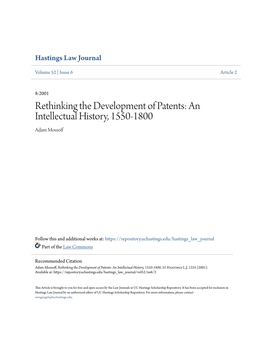Rethinking the Development of Patents: an Intellectual History, 1550-1800 Adam Mossoff