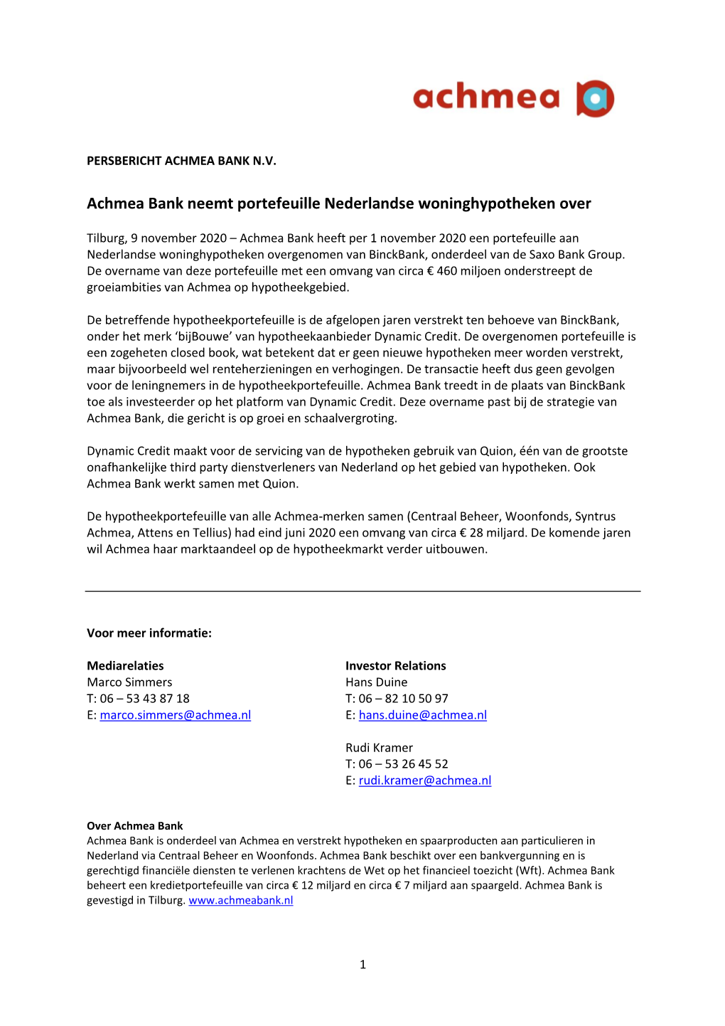 Achmea Bank Neemt Portefeuille Nederlandse Woninghypotheken Over