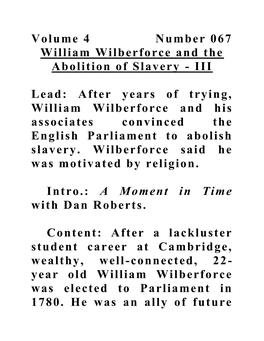 Volume 4 Number 067 William Wilberforce and the Abolition of Slavery - III
