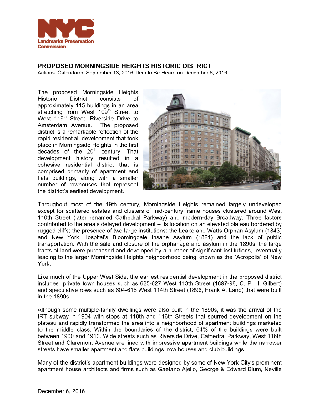 MORNINGSIDE HEIGHTS HISTORIC DISTRICT Actions: Calendared September 13, 2016; Item to Be Heard on December 6, 2016