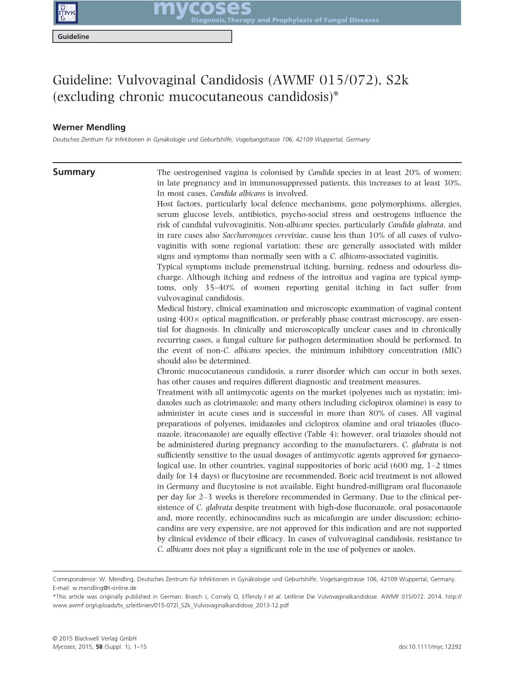 Guideline: Vulvovaginal Candidosis (AWMF 015/072)