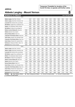 Abbots Langley - Mount Vernon 8 MONDAYS to FRIDAYS from 11Th April 2021 Notes