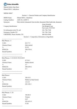 Material Safety Data Sheet Ethanol SDA1, Anhydrous MSDS# 88067 Section 1