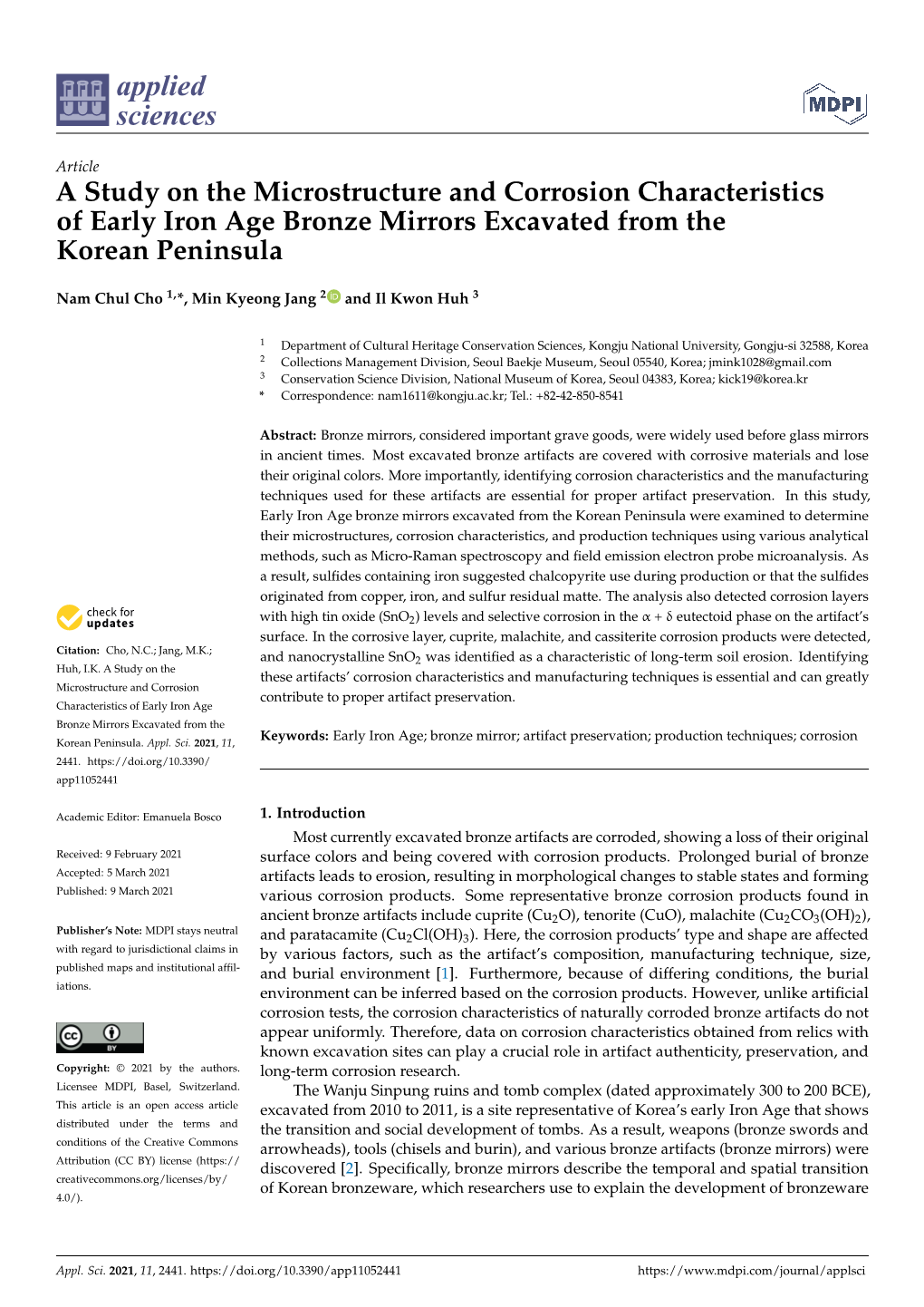 A Study on the Microstructure and Corrosion Characteristics of Early Iron Age Bronze Mirrors Excavated from the Korean Peninsula