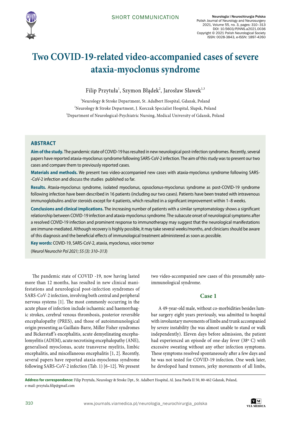 Two COVID-19-Related Video-Accompanied Cases of Severe Ataxia-Myoclonus Syndrome