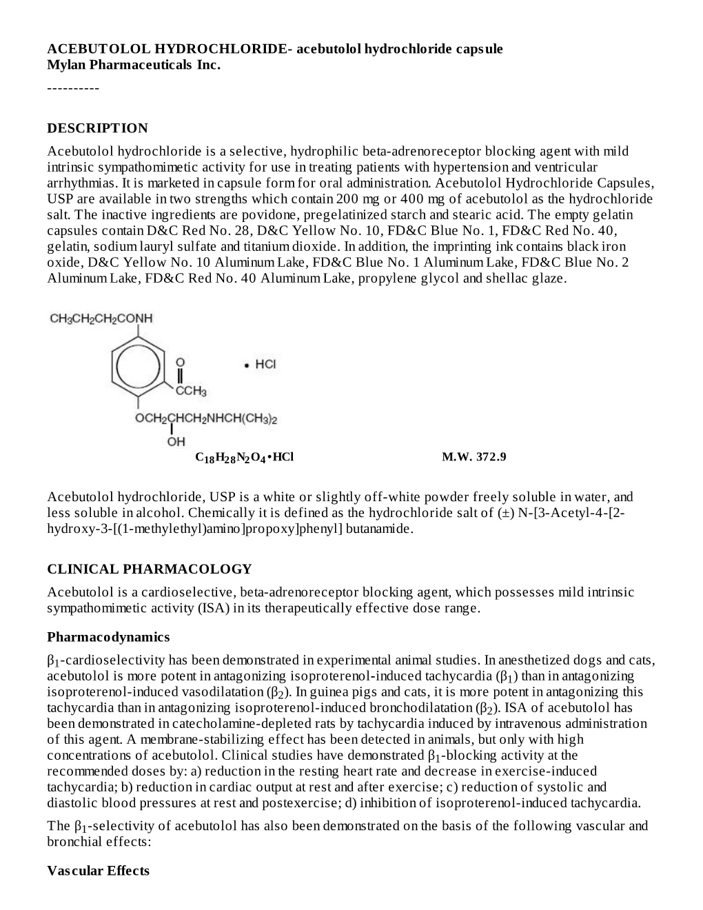 ACEBUTOLOL HYDROCHLORIDE- Acebutolol Hydrochloride Capsule Mylan Pharmaceuticals Inc