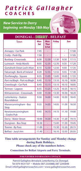 Timetable Donegal Derry Belfast and Return