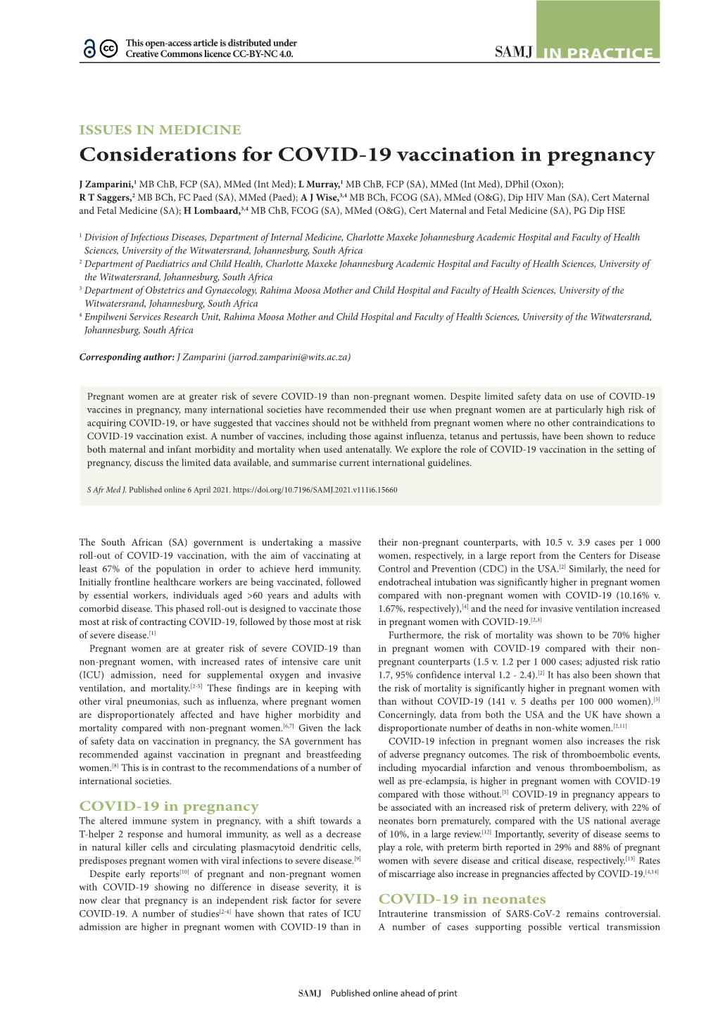 Considerations for COVID-19 Vaccination in Pregnancy