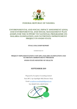 And Environmental and Social Management Plan (Esmp) for the Support to National Programme on Malaria Elimination and Nutrition Improvement Project in Ondo State