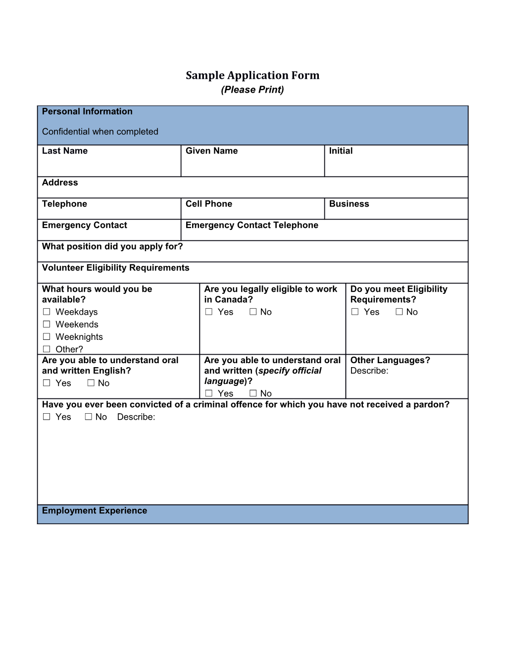 Sample Application Form