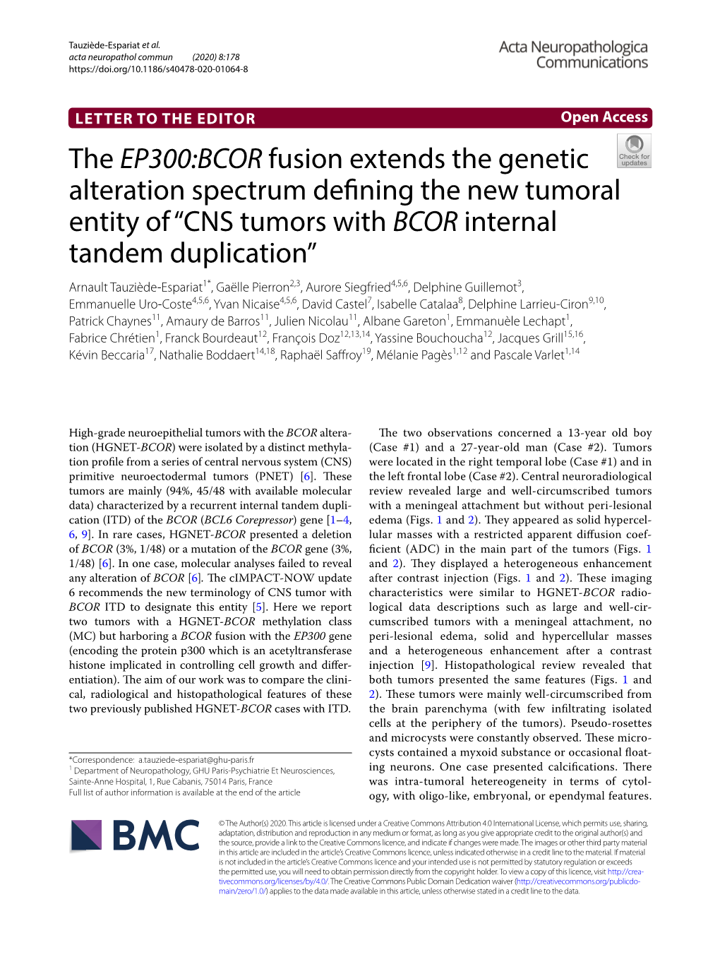 The EP300:BCOR Fusion Extends the Genetic Alteration Spectrum Defining