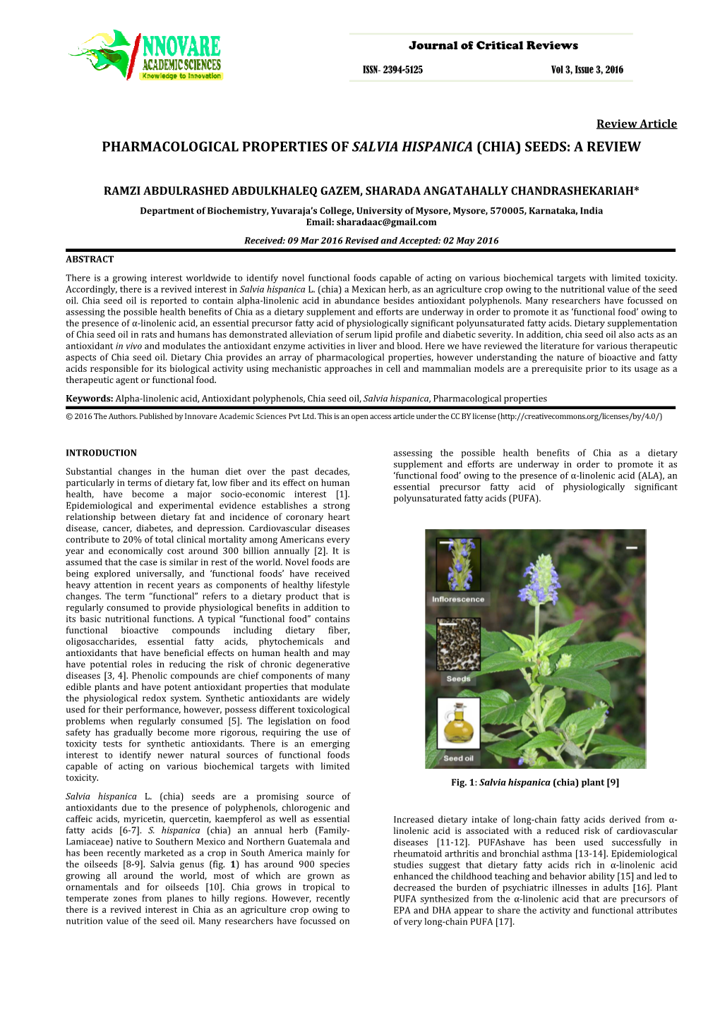 Pharmacological Properties of Salvia Hispanica (Chia) Seeds: a Review