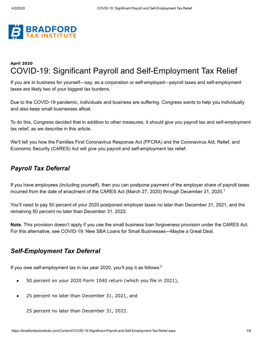 COVID-19: Significant Payroll and Self-Employment Tax Relief