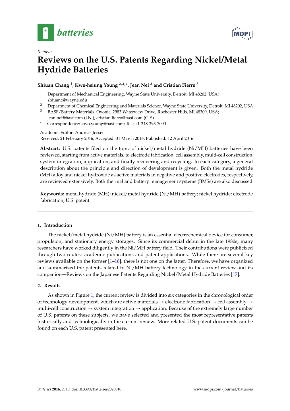 Reviews on the U.S. Patents Regarding Nickel/Metal Hydride Batteries