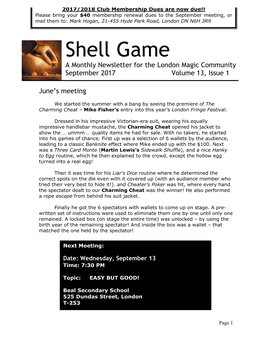 Shell Game a Monthly Newsletter for the London Magic Community September 2017 Volume 13, Issue 1