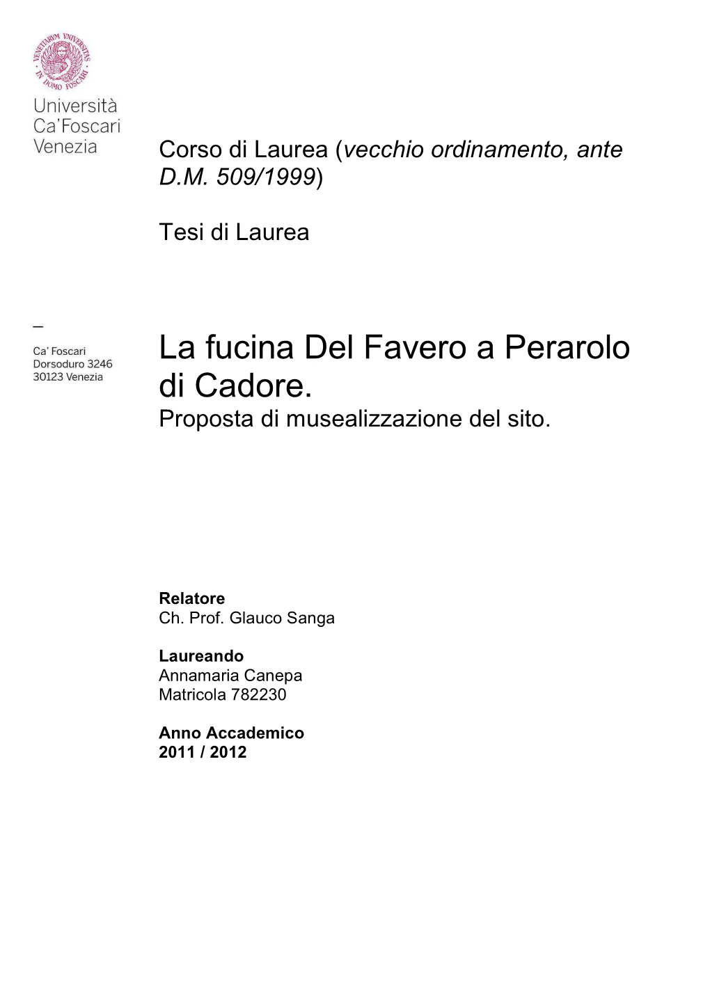 La Fucina Del Favero a Perarolo Di Cadore. Proposta Di Musealizzazione Del Sito