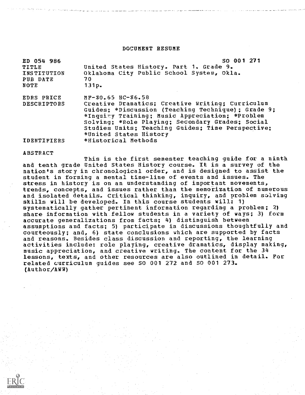 DOCUMENT RESUME ED 054 986 United States History