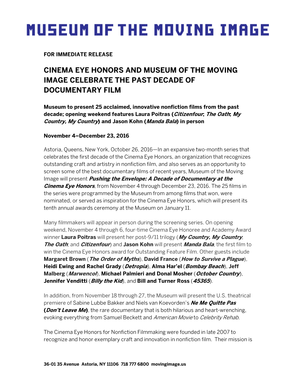 Cinema Eye Honors and Museum of the Moving Image Celebrate the Past Decade of Documentary Film