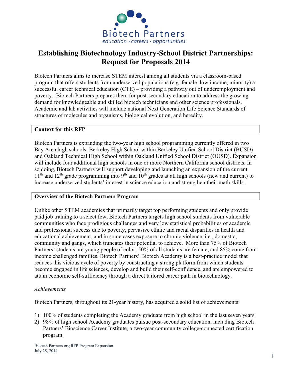 Establishing Biotechnology Industry-School District Partnerships: Request for Proposals 2014