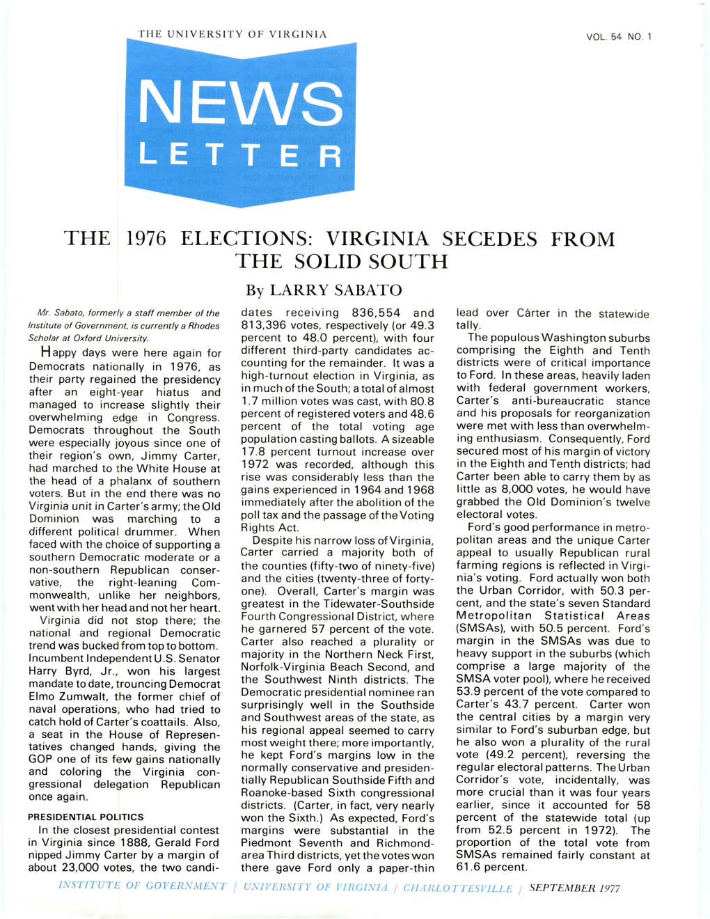THE 1976 ELECTIONS: VIRGINIA SECEDES from the SOLID SOUTH by LARRY SABATO
