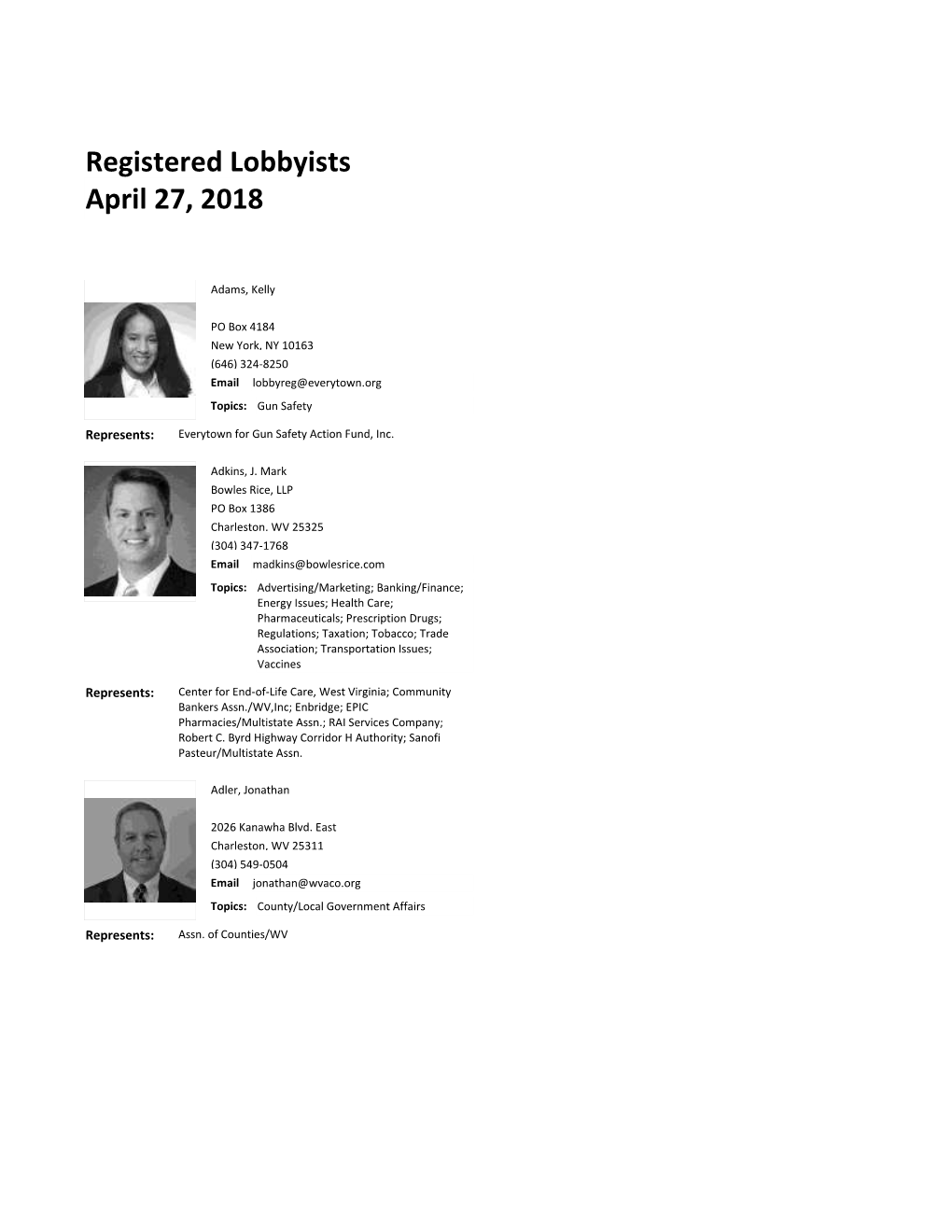 Registered Lobbyists April 27, 2018