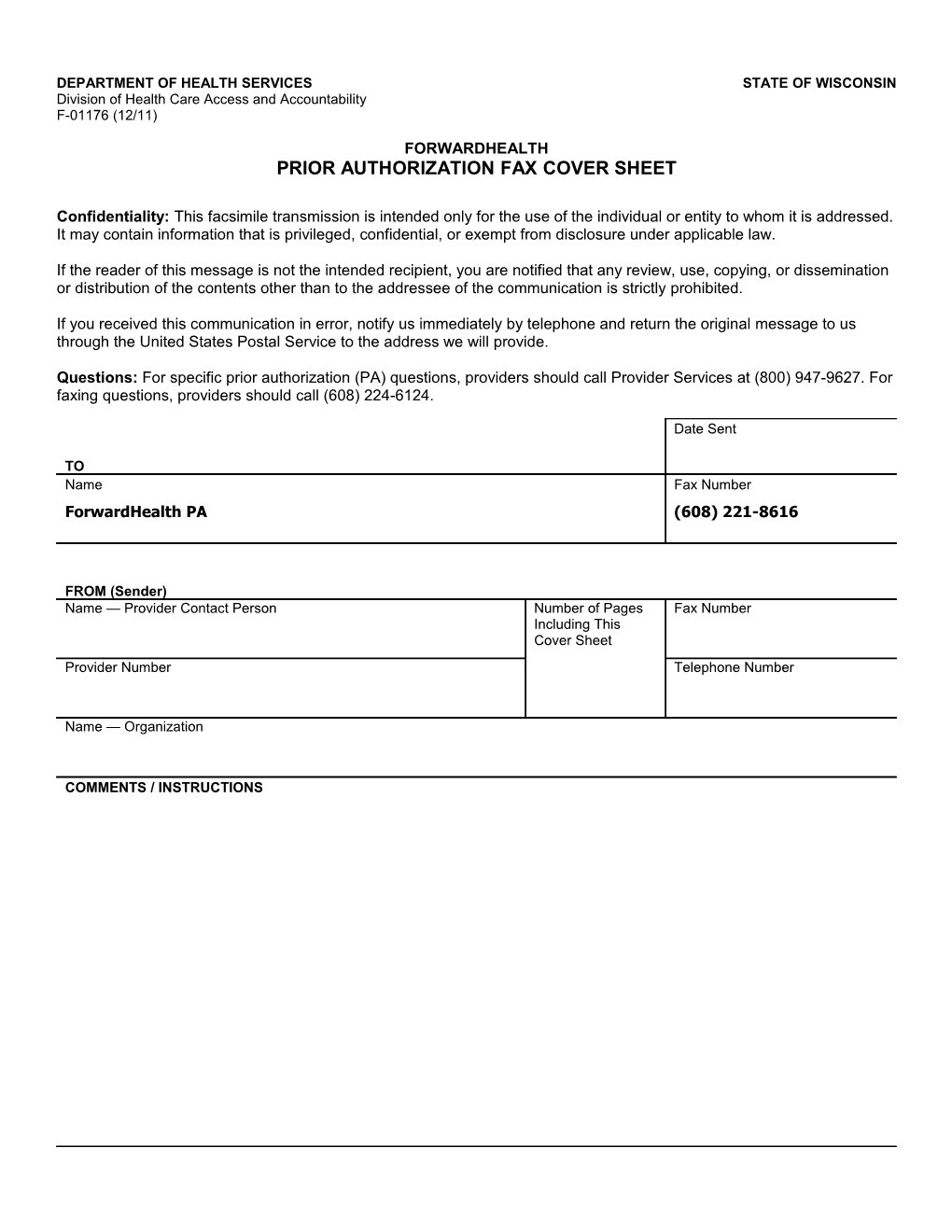 Prior Authorization Fax Cover Sheet