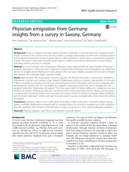 Physician Emigration from Germany: Insights from a Survey in Saxony, Germany Birte Pantenburg1*† , Katharina Kitze2†, Melanie Luppa1, Hans-Helmut König3 and Steffi G
