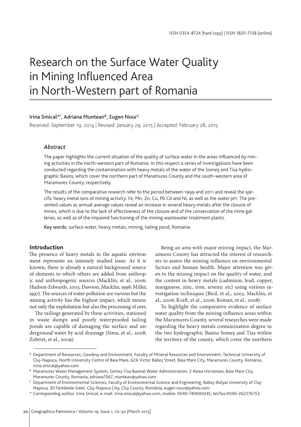 Research on the Surface Water Quality in Mining Influenced Area in North-Western Part of Romania