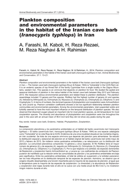 Plankton Composition and Environmental Parameters in the Habitat of the Iranian Cave Barb (Iranocypris Typhlops) in Iran