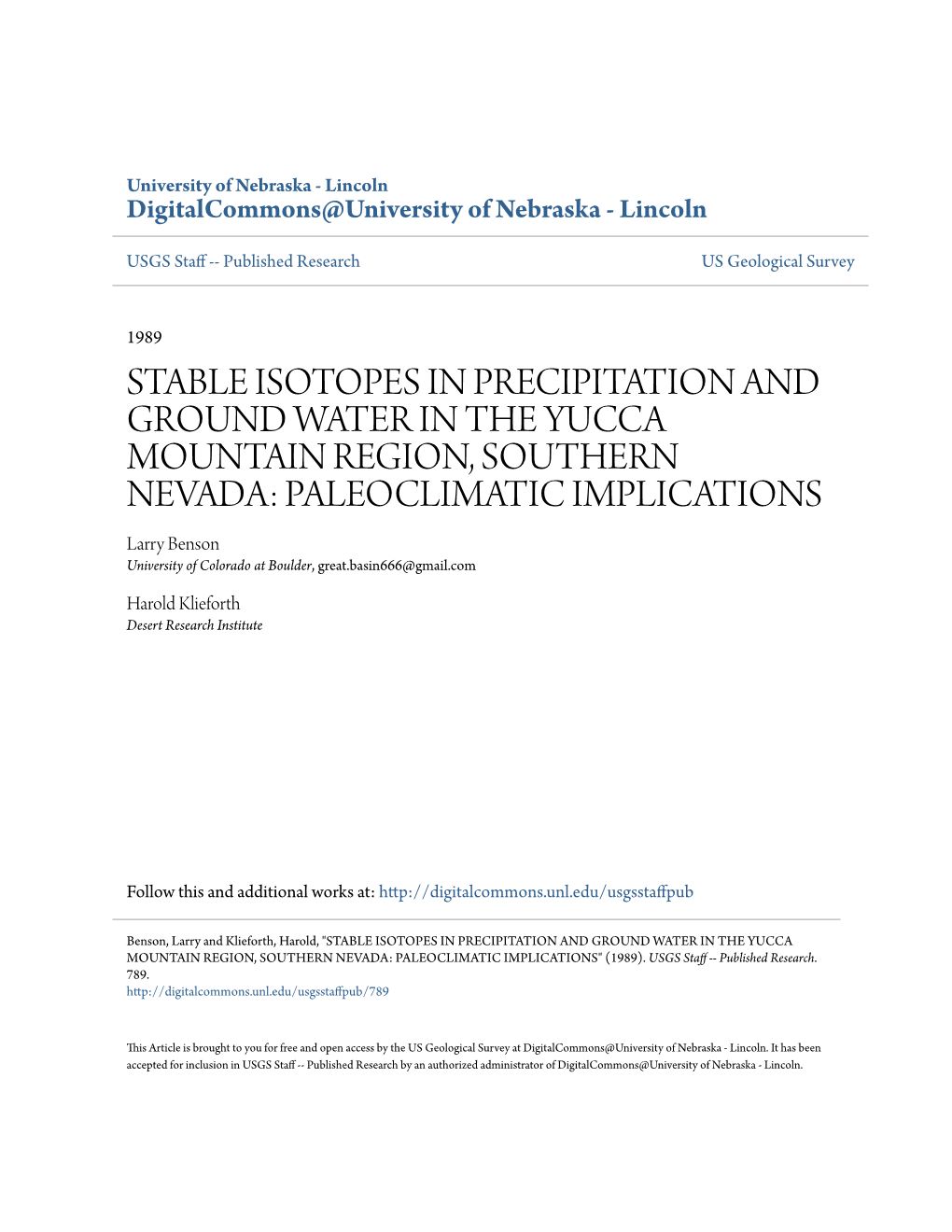 Stable Isotopes in Precipitation and Ground Water in the Yucca Mountain