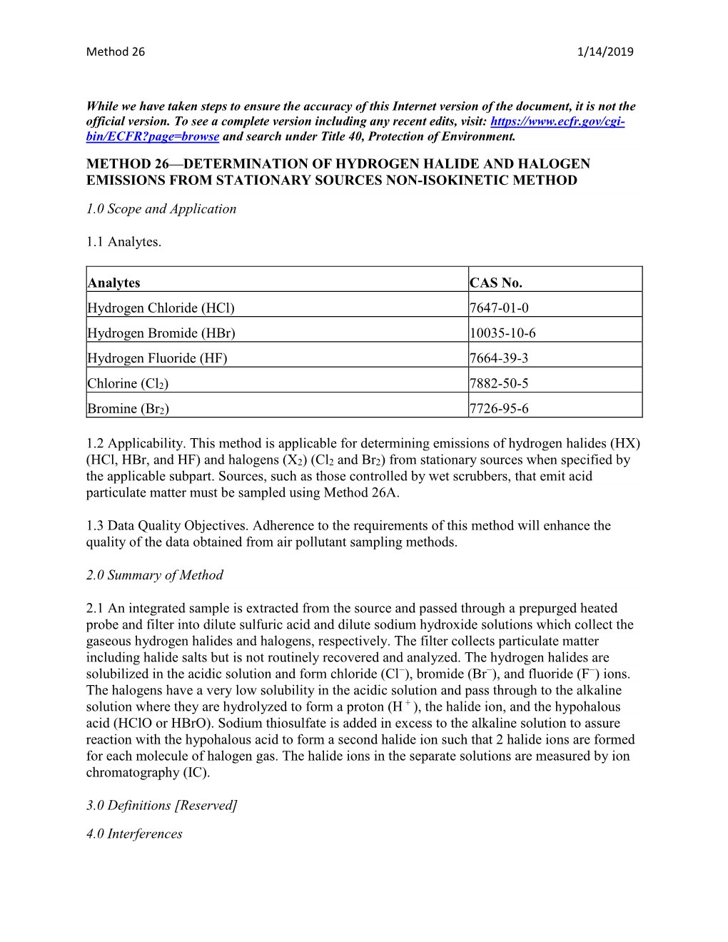 Method 26 Determination of Hydrogen Halide and Halogen Emissions from Stationary Sources Non-Isokinetic 1-14