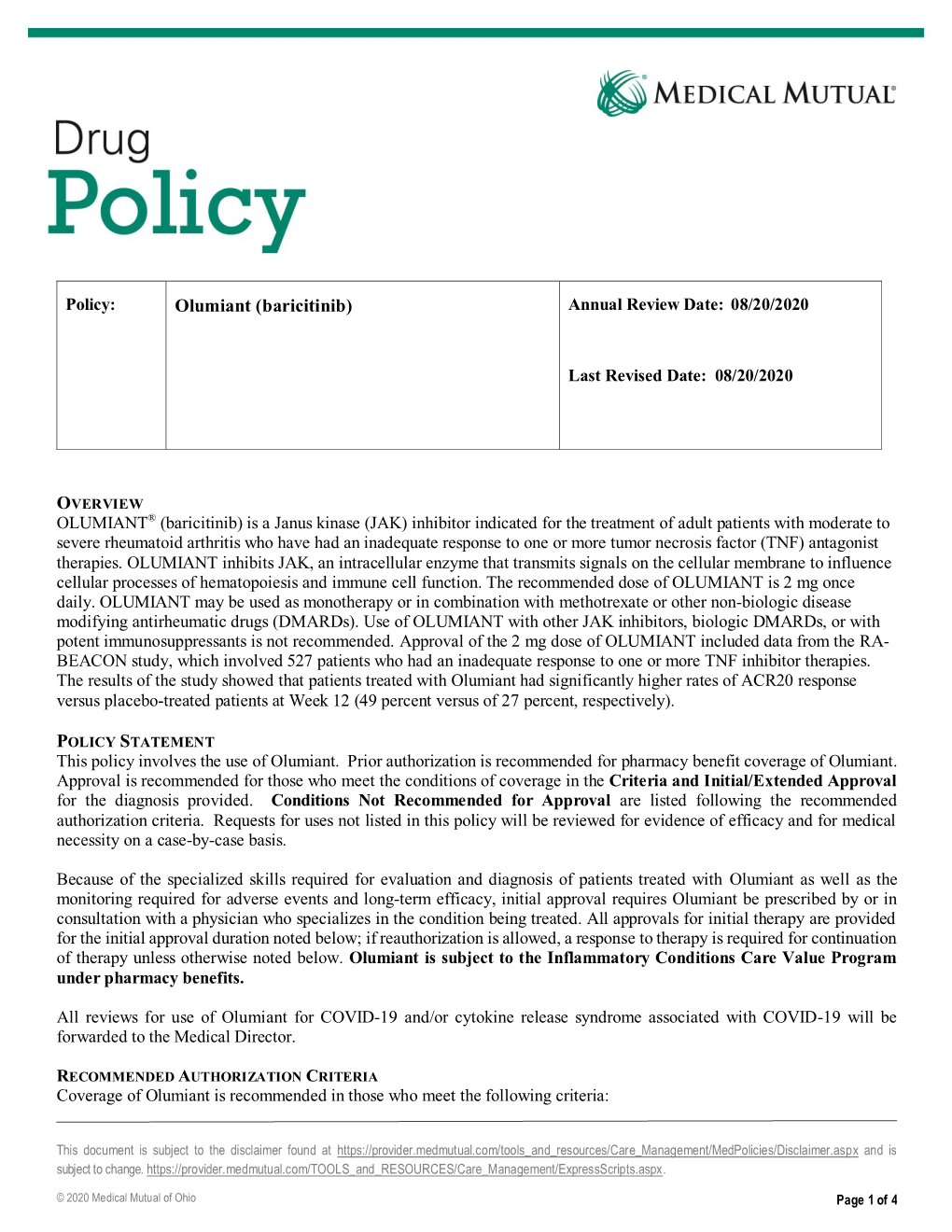 Olumiant (Baricitinib) Annual Review Date: 08/20/2020