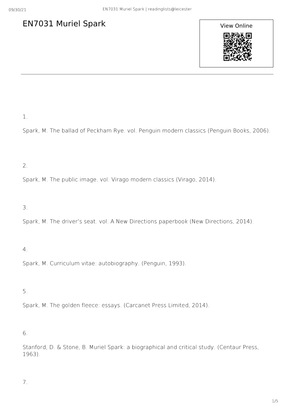 EN7031 Muriel Spark | Readinglists@Leicester