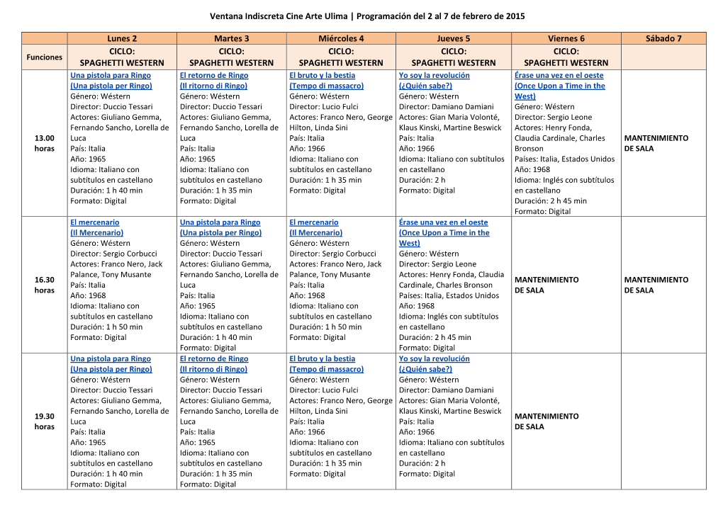 Ventana Indiscreta Cine Arte Ulima | Programación Del 2 Al 7 De Febrero De 2015 Lunes 2 Martes 3 Miércoles 4 Jueves 5 Viernes