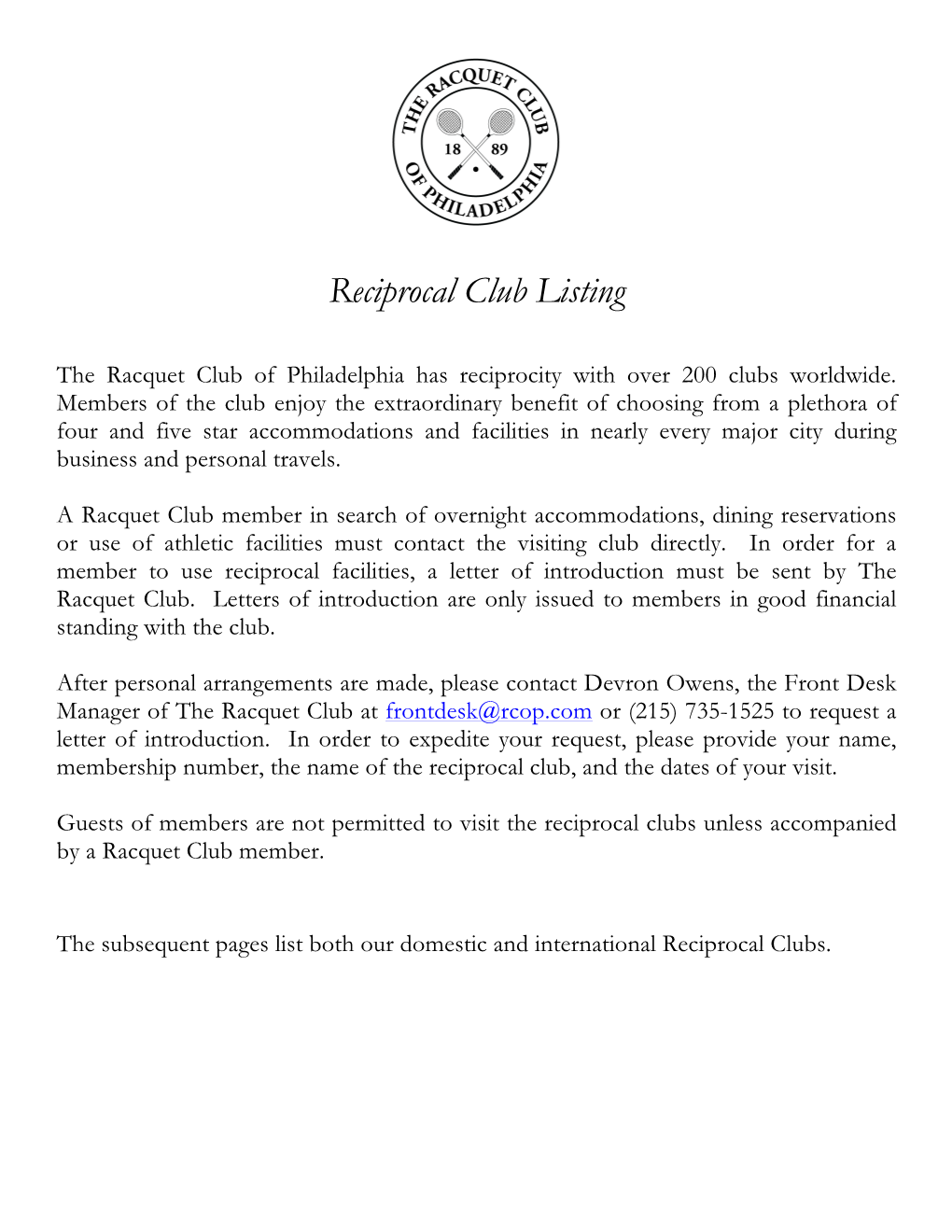 Reciprocal Club Listing