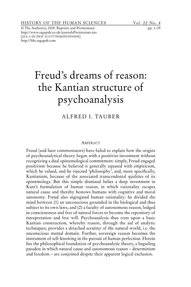 Freud's Dreams of Reason: the Kantian Structure of Psychoanalysis